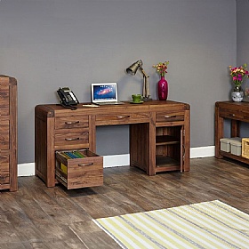 Shiro Walnut Solid Wood Large Twin Pedestal Home Office Desk